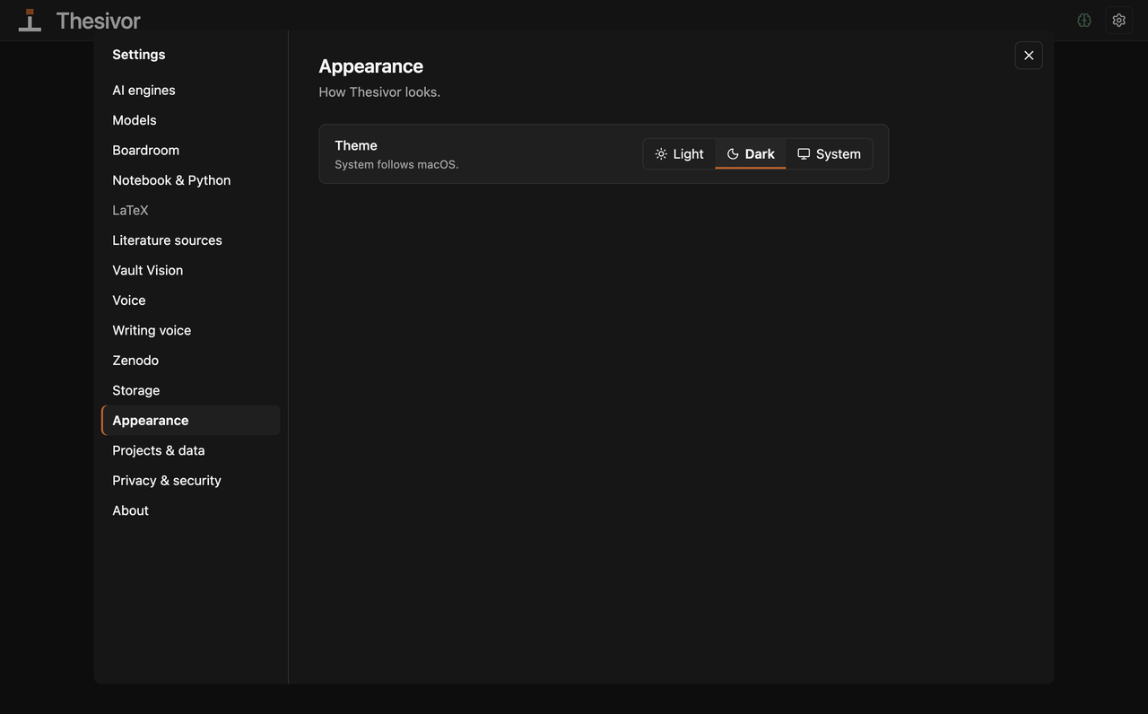 The app's Settings → Appearance section showing the theme options, rendered in the dark theme.
