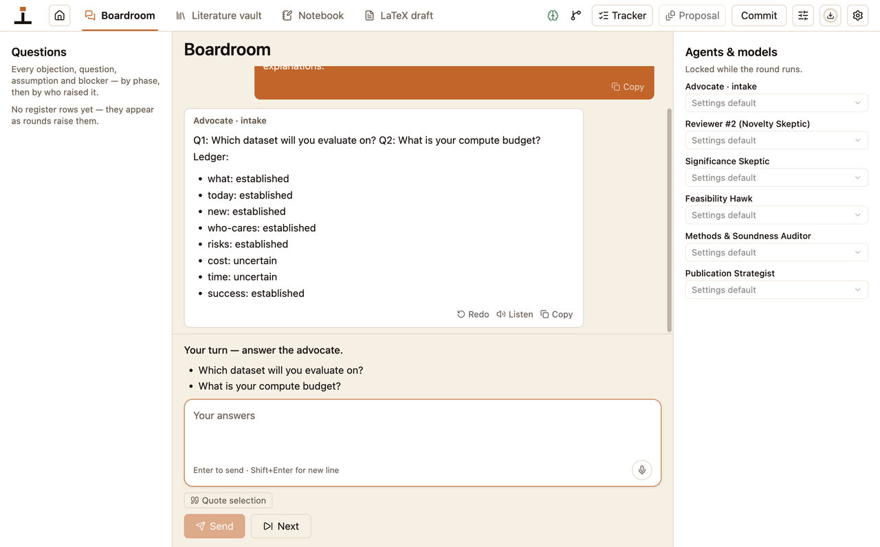 The boardroom's advocate asking two intake questions above a ledger of eight items marked established or uncertain.