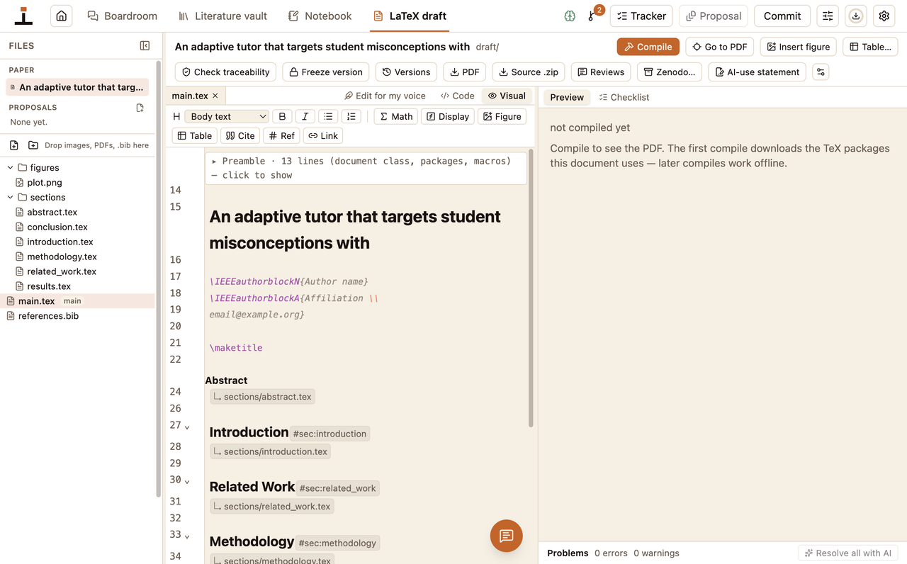 The LaTeX workspace in Visual mode: the paper drawn as a document with section chips, a file tree and a toolbar.