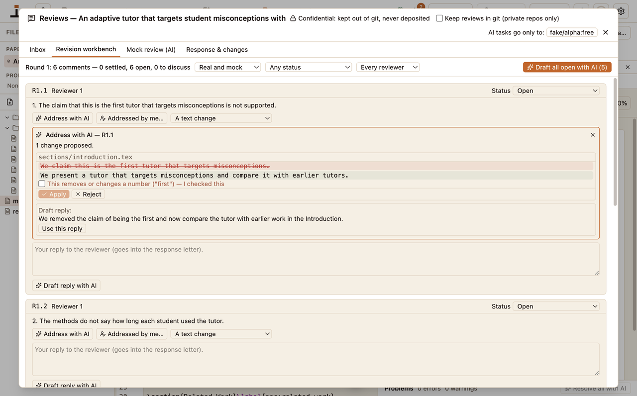 The revision workbench with an “Address with AI” diff and a guard asking to confirm a change to a number.