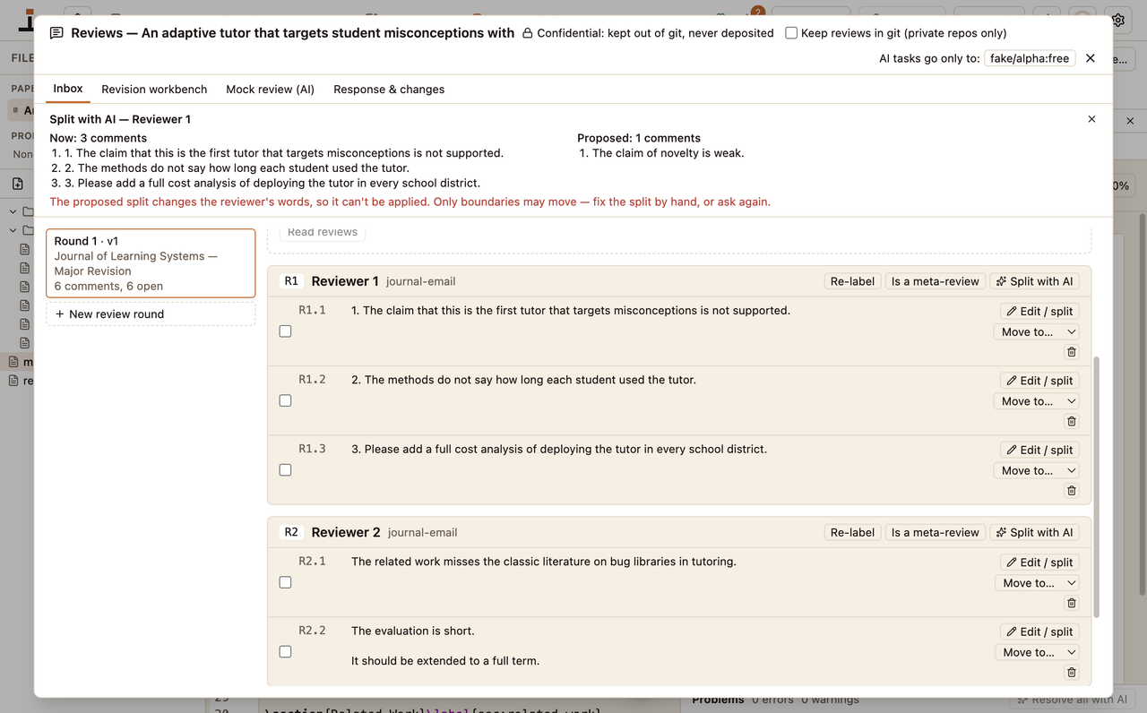 The reviews inbox with comments split per reviewer and a confidentiality banner saying reviews are kept out of git.