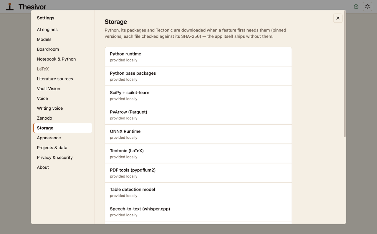 Settings → Storage listing the Python runtime, packages, Tectonic, the table-detection model and local speech-to-text as things provided on demand.